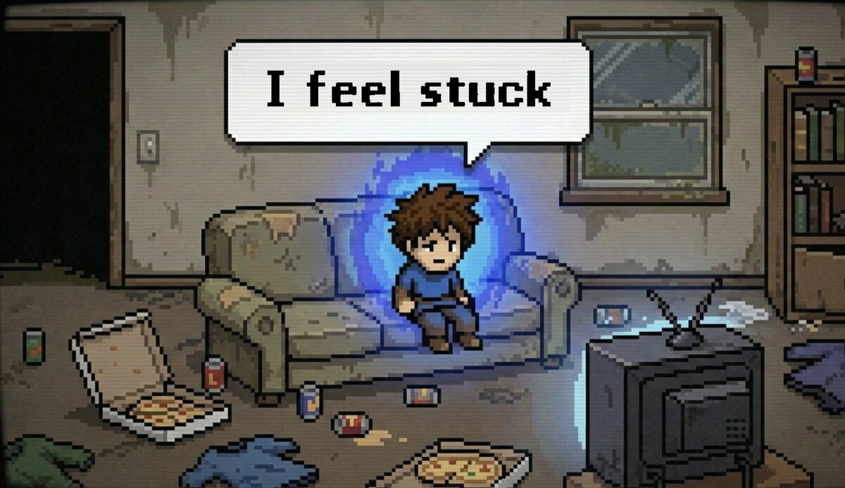 Pixel-art adventurer slumped on a sofa in a chaotic room, saying 'I feel stuck'