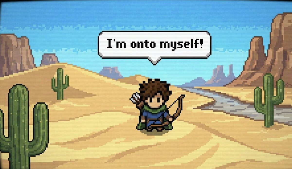 Pixel-art adventurer in a desert landscape, saying 'I'm onto myself!'