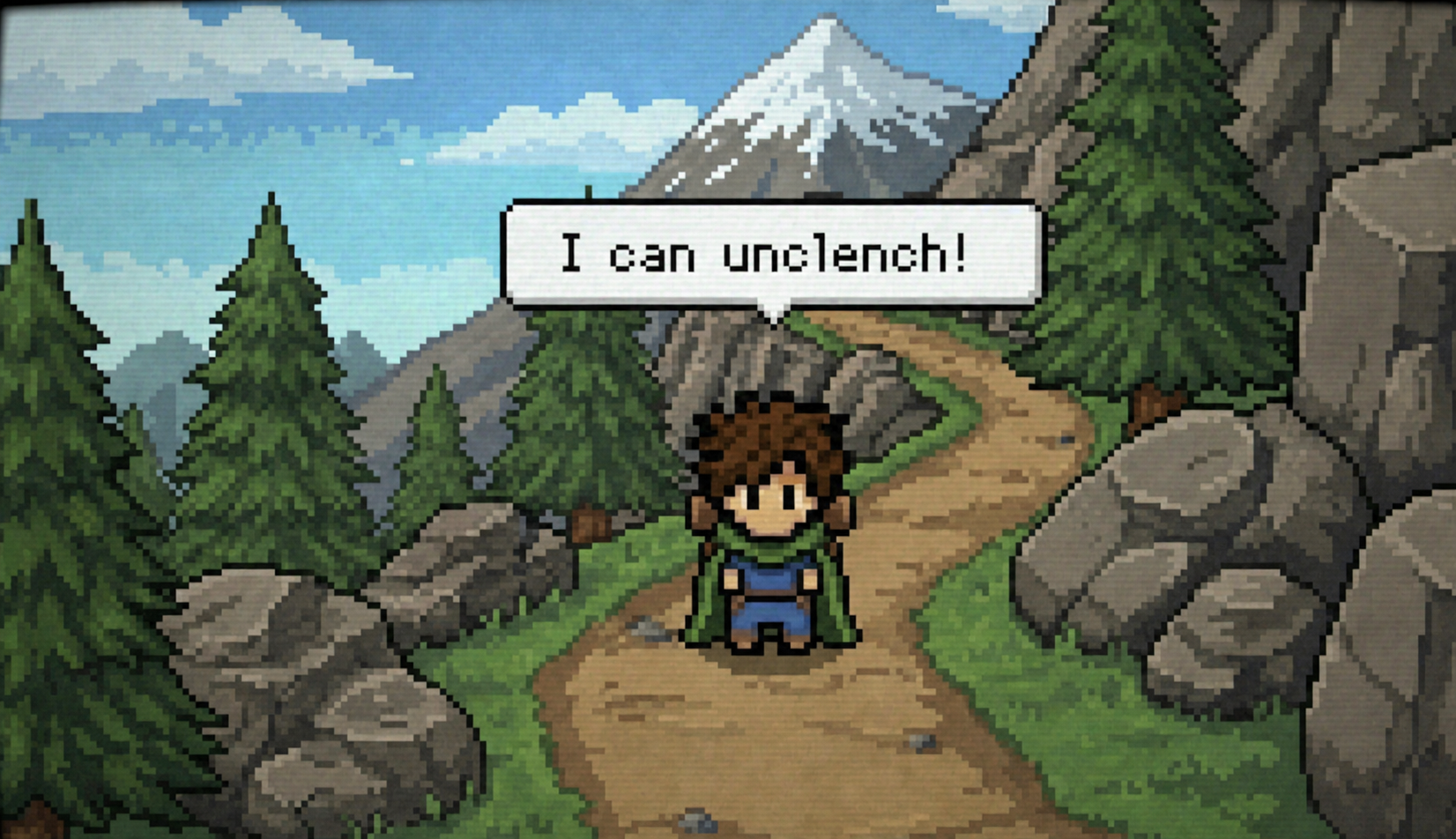 Pixel-art adventurer on a mountain path, saying 'I can unclench!'