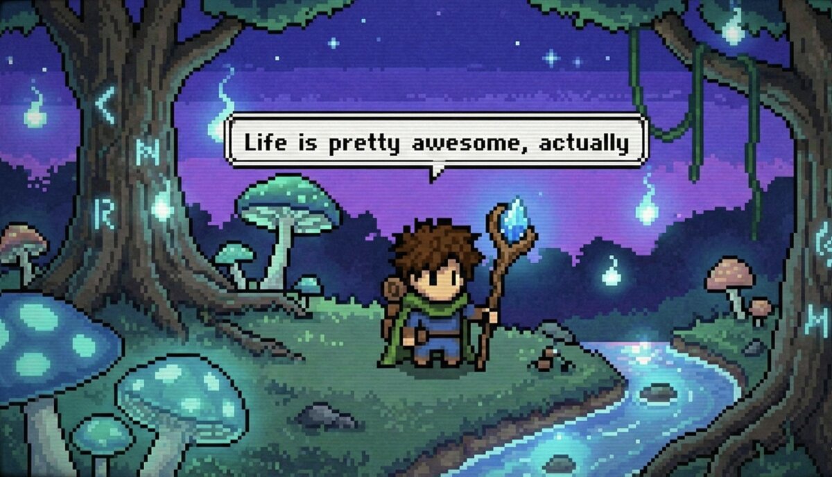Pixel-art adventurer in a glowing forest, saying 'Life is pretty awesome, actually'