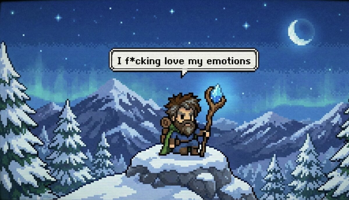 Older pixel-art adventurer on a snowy summit beneath the aurora, saying 'I f*cking love my emotions'