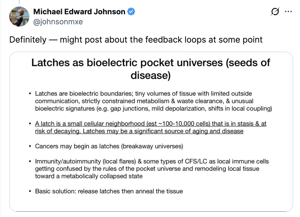 A post by Michael Edward Johnson describing latches as bioelectric pocket universes and possible seeds of disease