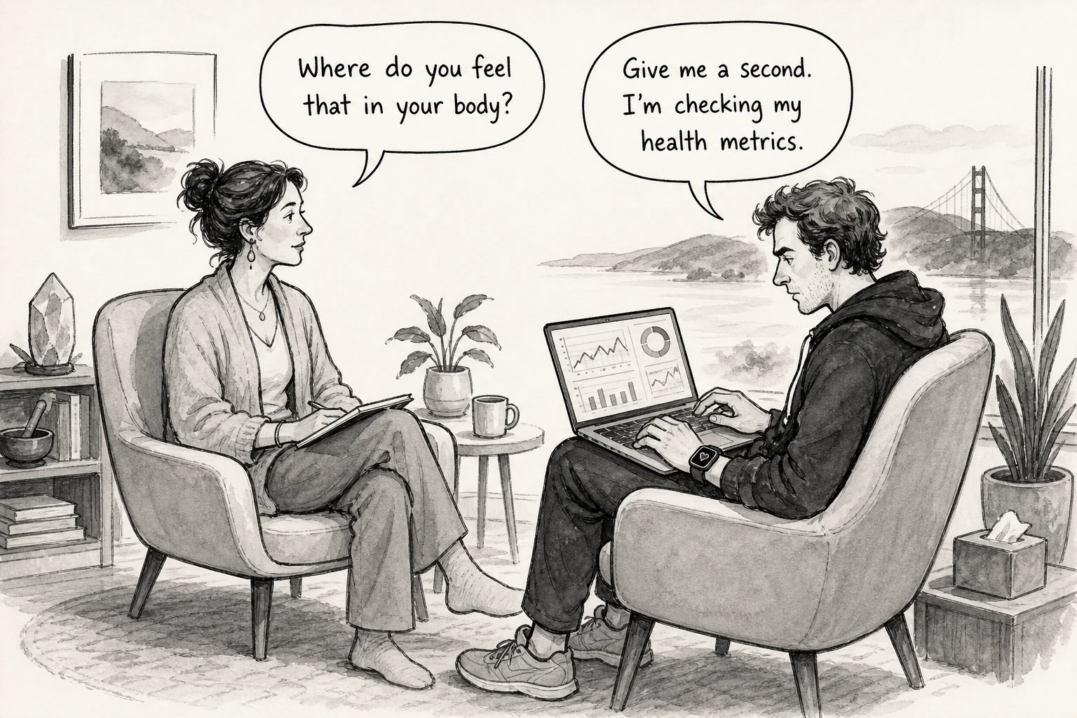 A founder checks health metrics when asked what he feels in his body