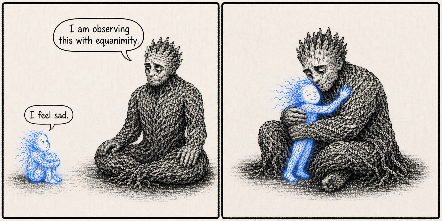 A rope-like guardian first keeps watch over a small blue feeling, then holds it close