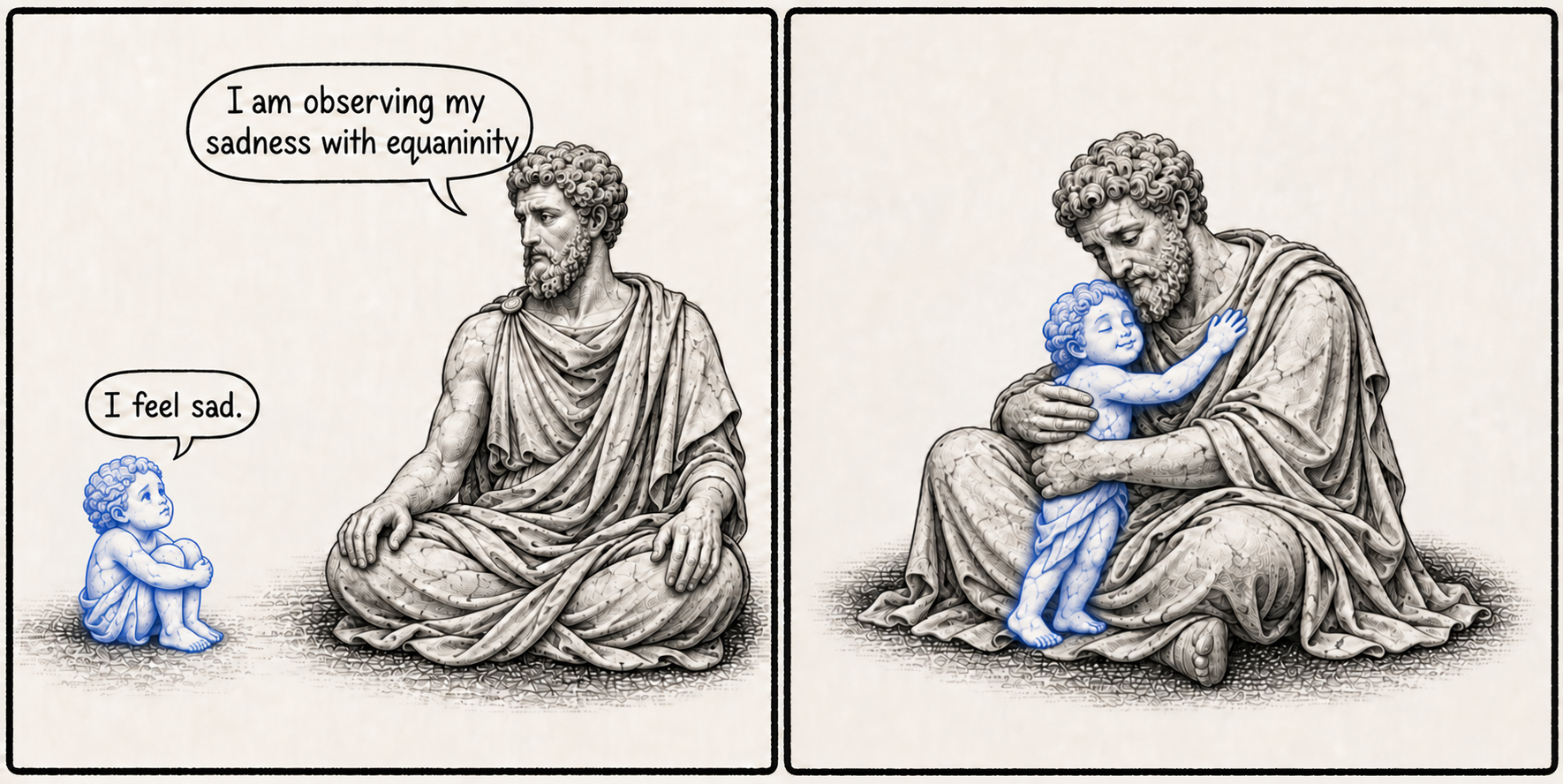 A marble philosopher says I am observing my sadness with equanimity, then embraces a small blue marble figure representing his sadness