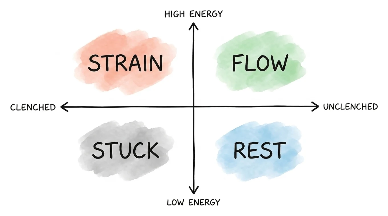 A hand-drawn four-quadrant map from clenched to unclenched and low to high energy: strain, flow, stuck and rest