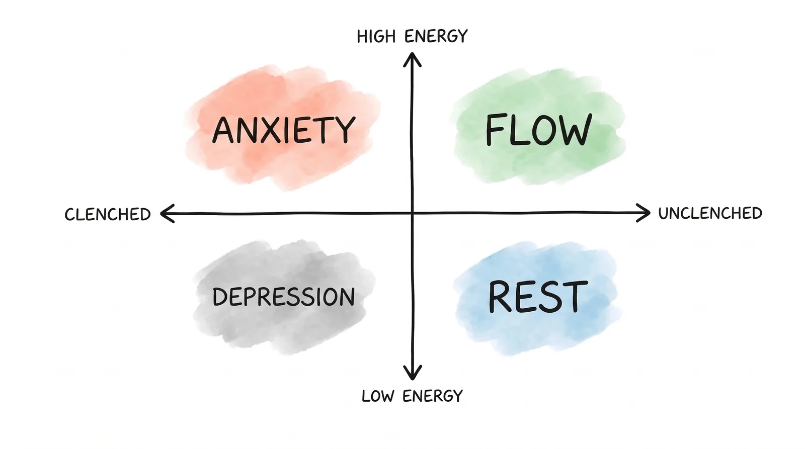 A hand-drawn four-quadrant map from clenched to unclenched and low to high energy: anxiety, flow, depression and rest