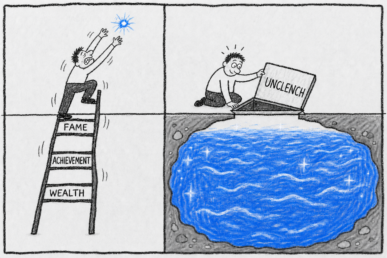 A monochrome crayon drawing contrasting climbing towards fame, achievement and wealth with opening an unclenching trapdoor onto a vivid blue pool