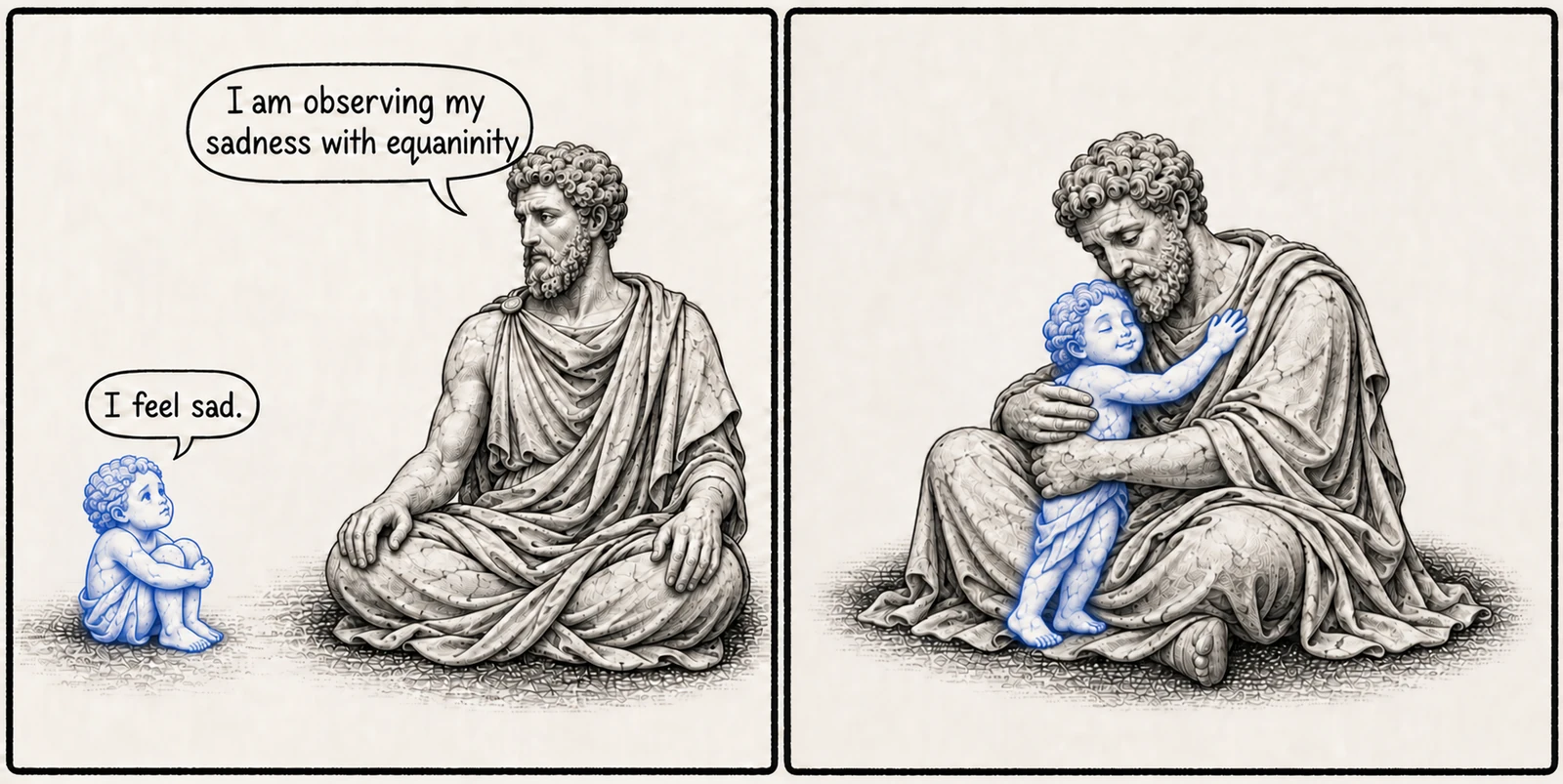 A marble philosopher says I am observing my sadness with equanimity, then embraces a small blue marble figure representing his sadness