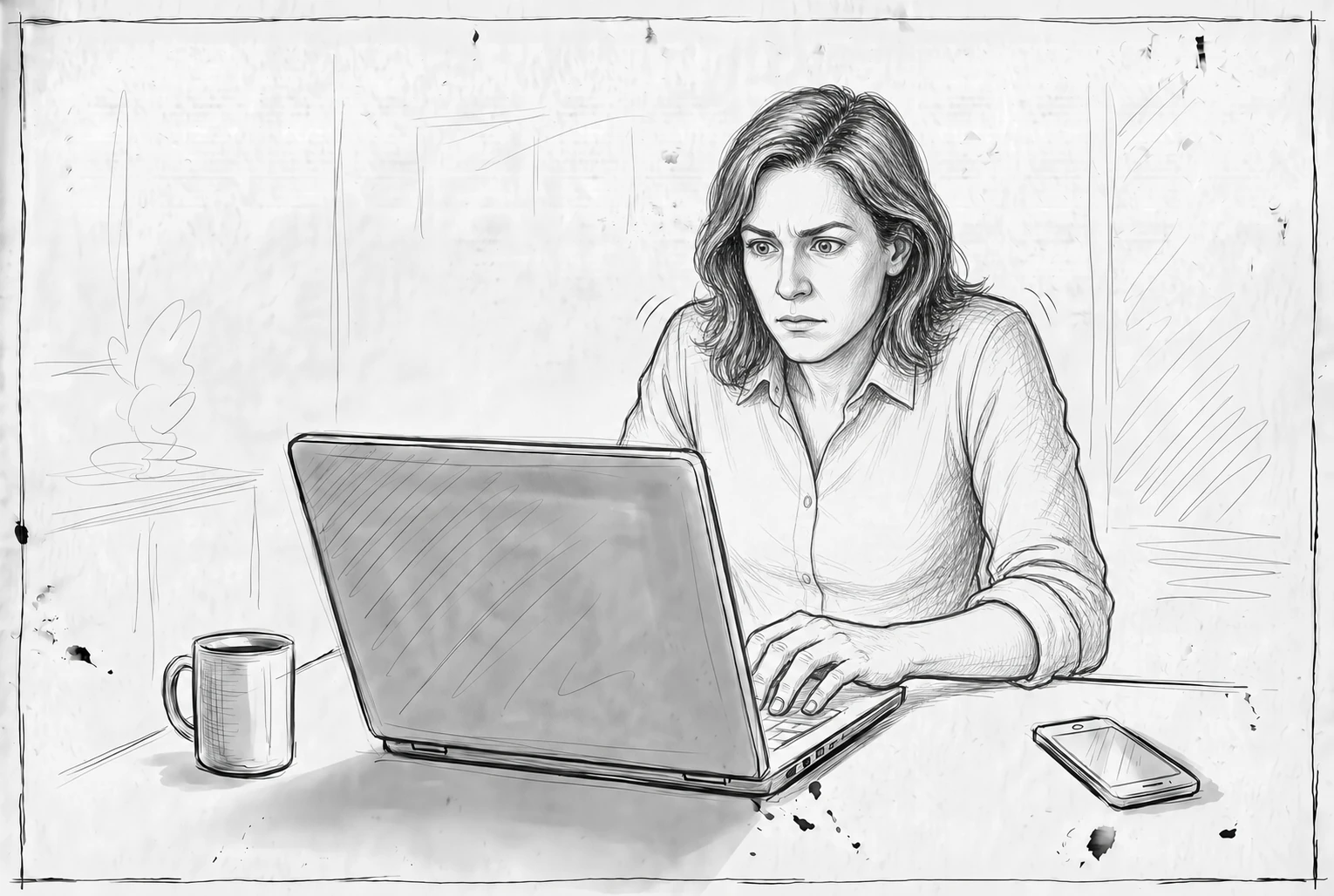 Sketch of a woman frowning at a laptop, holding her breath while replying to email