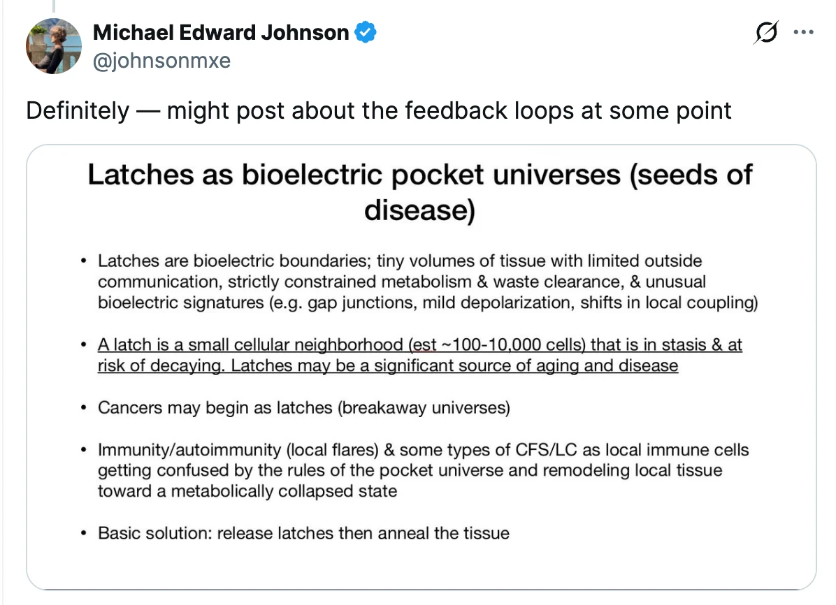 A post by Michael Edward Johnson describing latches as bioelectric pocket universes and possible seeds of disease