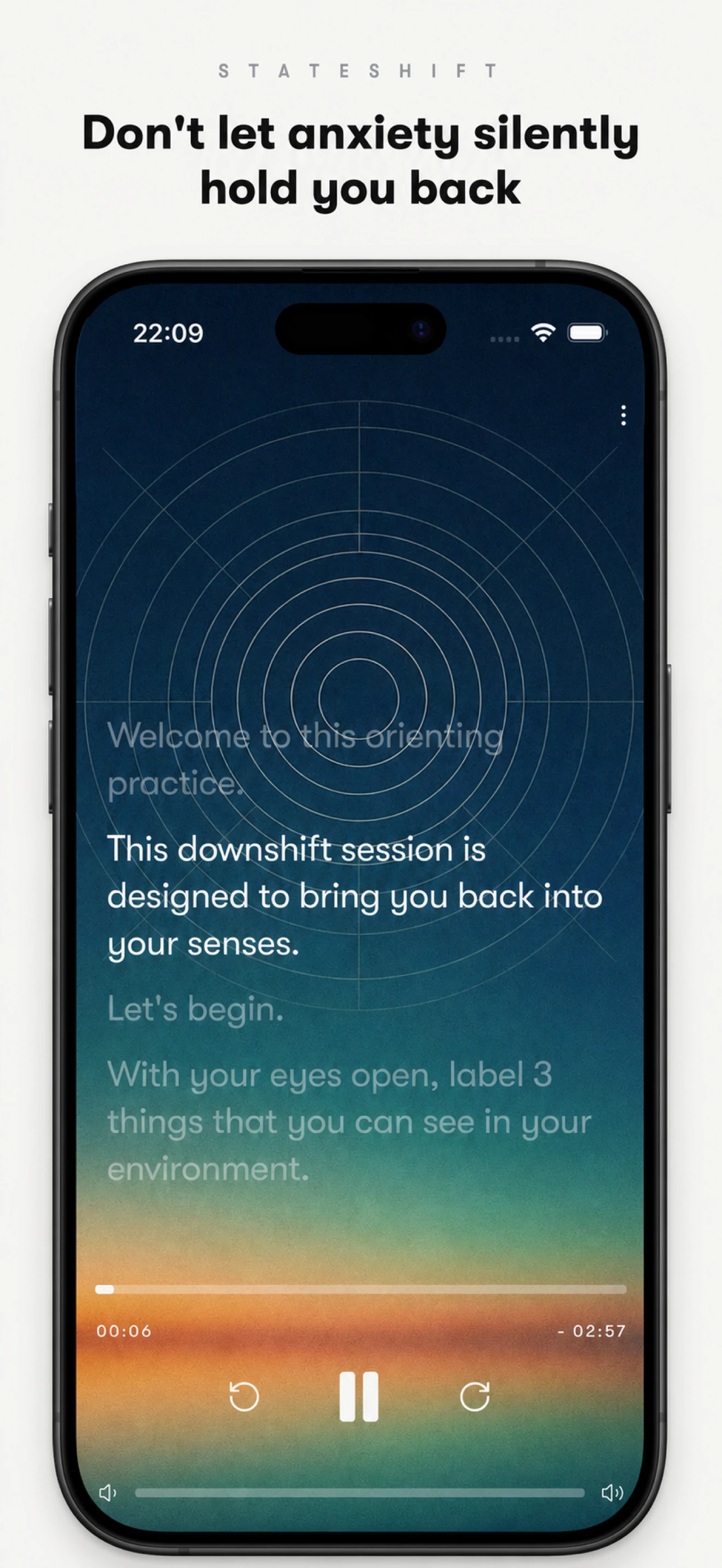Stateshift’s Orienting practice shown in the iPhone handset from its App Store screenshots