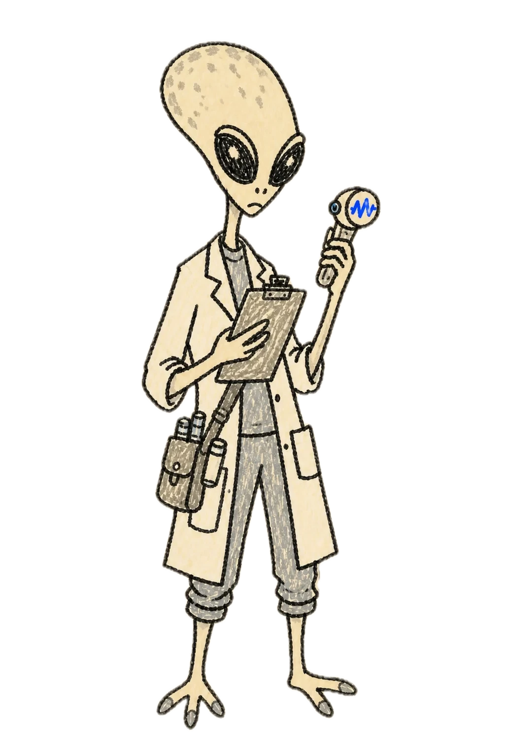 A hand-drawn alien neuroscientist observing human clenching