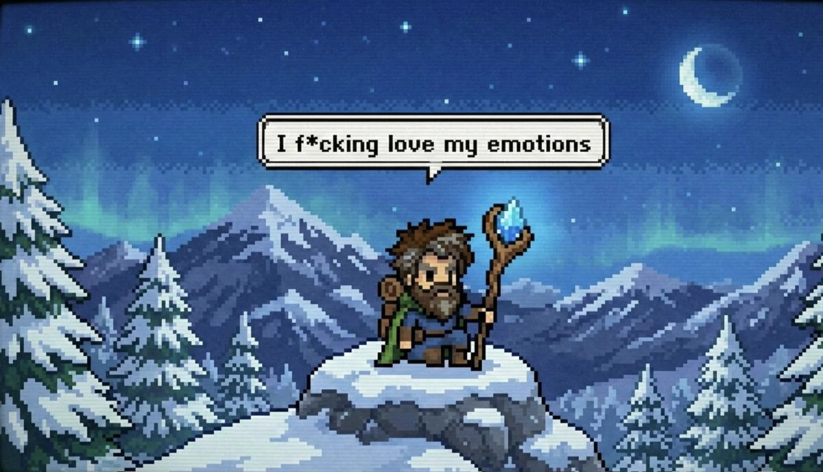Older pixel-art adventurer on a snowy summit beneath the aurora, saying 'I f*cking love my emotions'