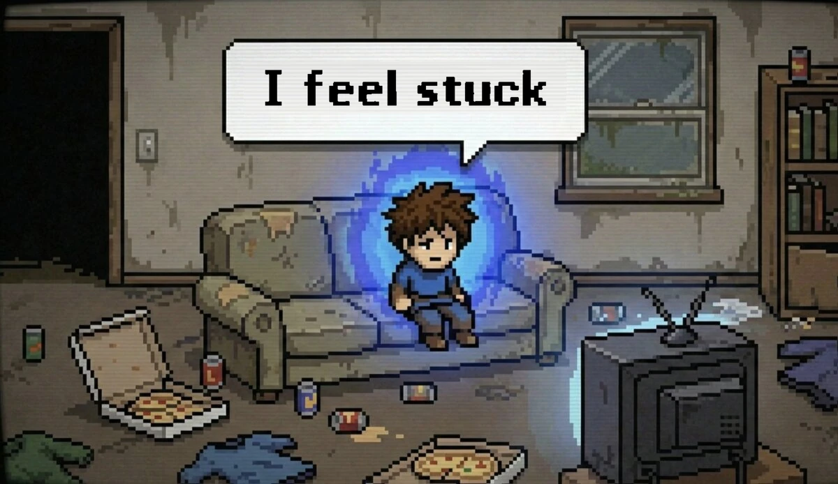 Pixel-art adventurer slumped on a sofa in a chaotic room, saying 'I feel stuck'