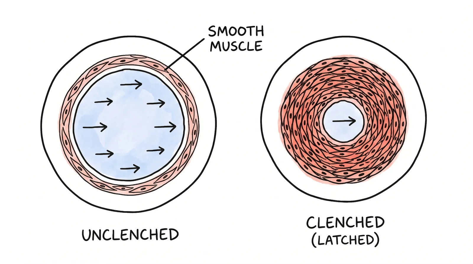 Hand-drawn cross-sections of two blood vessels: an unclenched vessel with a wide channel and thin smooth-muscle ring, and a clenched, latched vessel where the thick muscle ring squeezes the channel narrow